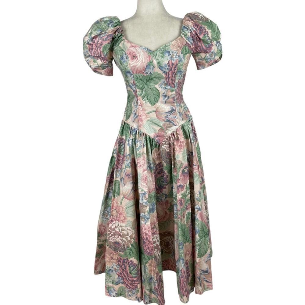Vintage House of Bianchi Floral Victorian Prairie Midi Puff Sleeve Corset Dress